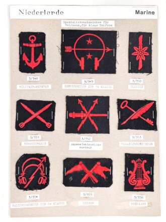 Niederlande, Sammlung Spezialistenabzeichen für Matrosen der blauen Uniform der Marine, auf Karton getackert