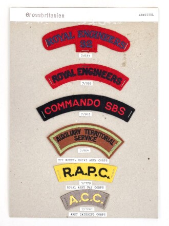 Großbritannien, Sammlung Ärmelabzeichen, auf Karton getackert