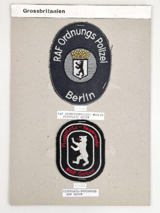 Großbritannien, Sammlung Ärmelabzeichen " Ordnungspolizei Berlin Flugplatz Gatow " , auf Karton getackert
