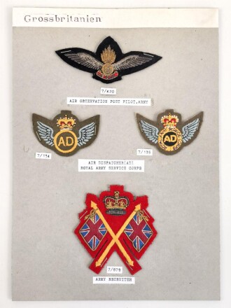 Großbritannien, Sammlung Ärmel und Mützenabzeichen, auf Karton getackert