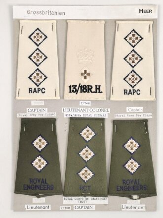 Großbritannien, Sammlung Rangabzeichen Heer, auf Karton getackert