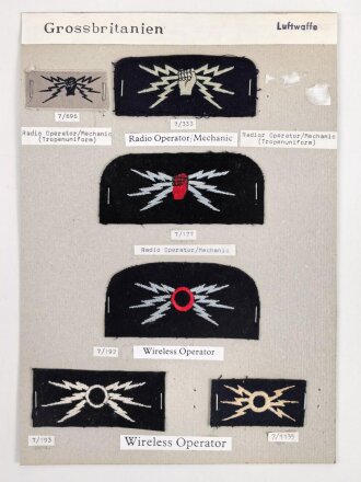 Großbritannien, Sammlung Ärmelabzeichen Luftwaffe, auf Karton getackert