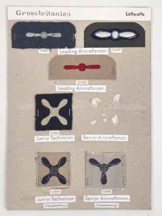 Großbritannien, Sammlung Ärmelabzeichen Luftwaffe, auf Karton getackert
