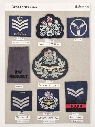 Großbritannien, Sammlung Rangabzeichen Luftwaffe, auf Karton getackert
