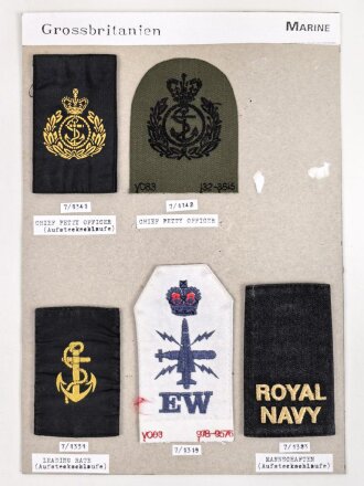 Großbritannien, Sammlung Rangabzeichen Marine, auf Karton getackert