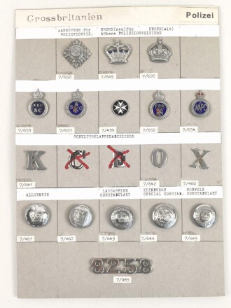 Großbritannien, Sammlung Rangabzeichen Polizei, auf Karton getackert