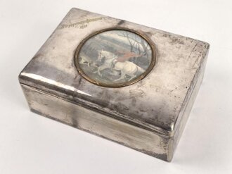 "Korpspreisschießen 1909" schwere Andenkendose , Buntmetall versilbert. Maße 22,5 x 17 x 8cm