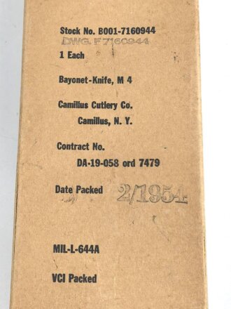 U.S. Army, Camillus M4 Bayonet Knife, DA-19-058, 1953 contract New in Box