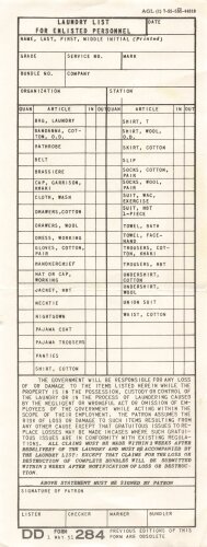 U.S. Army, 1951 dated Laundry list for enlisted personnel