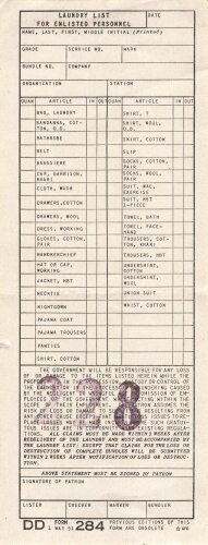 U.S. Army, 1951 dated Laundry list for enlisted personnel