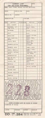 U.S. Army, 1951 dated Laundry list for enlisted personnel
