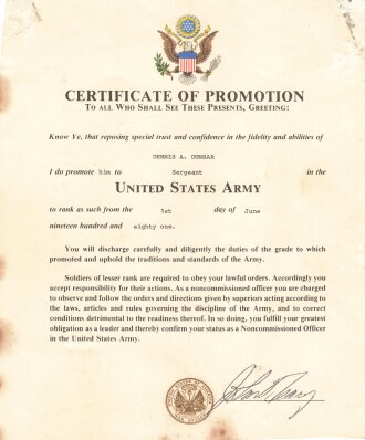 U.S. Army, 1981 dated Certificate of Promotion