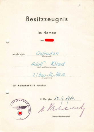 Besitzzeugnis zum Kubanschild für einen Gefreiten im 2.Bau-Pi.-Btl.51 . DIN A5, gelocht