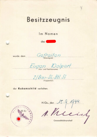 Besitzzeugnis zum Kubanschild für einen Gefreiten im...