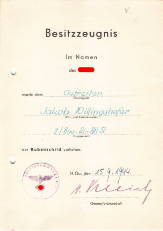 Besitzzeugnis zum Kubanschild für einen Gefreiten im...