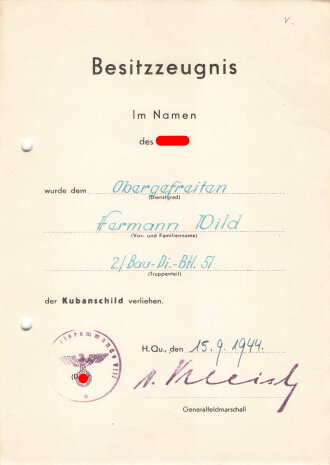 Besitzzeugnis zum Kubanschild für einen Gefreiten im...