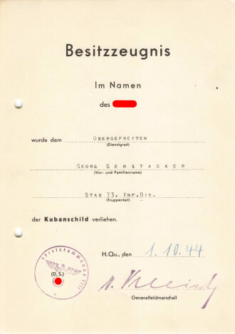 Besitzzeugnis zum Kubanschild für einen Obergefreiten im Stab 73. Inf. Div. . DIN A5, gelocht