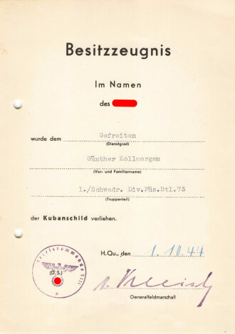 Besitzzeugnis zum Kubanschild für einen Gefreiten im...
