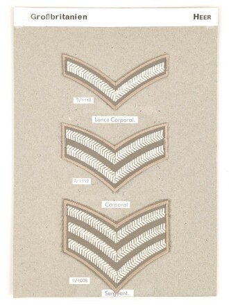 Großbritannien, Sammlung Rangabzeichen Heer, auf Karton getackert