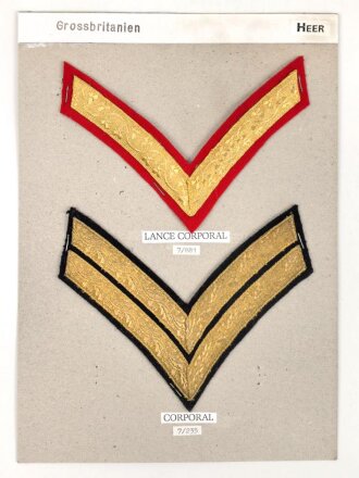 Großbritannien, Sammlung Rangabzeichen Heer, auf Karton getackert