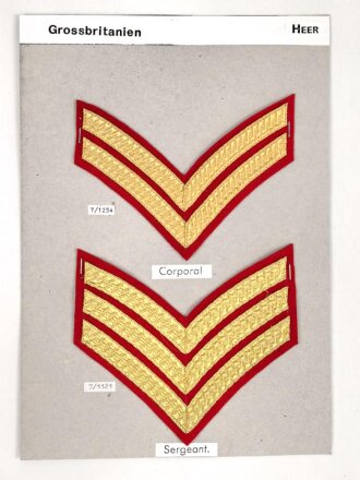 Großbritannien, Sammlung Rangabzeichen Heer, auf Karton getackert