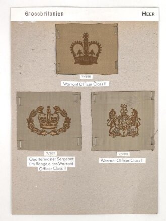 Großbritannien, Sammlung Rangabzeichen Heer, auf Karton getackert