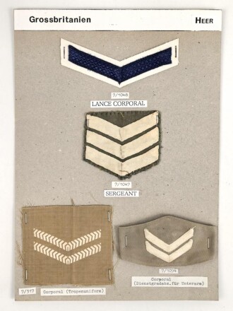 Großbritannien, Sammlung Rangabzeichen Heer, auf Karton getackert
