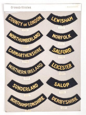 Großbritannien, Sammlung Ärmelabzeichen Zivilschutz, auf Karton getackert