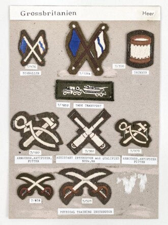 Großbritannien, Sammlung Ärmelabzeichen Heer, auf Karton getackert