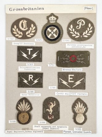 Großbritannien, Sammlung Ärmelabzeichen Heer, auf Karton getackert