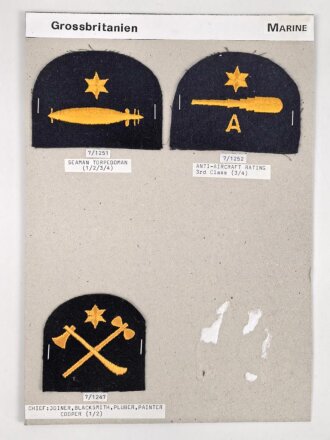Großbritannien, Sammlung Ärmelabzeichen Marine, auf Karton getackert