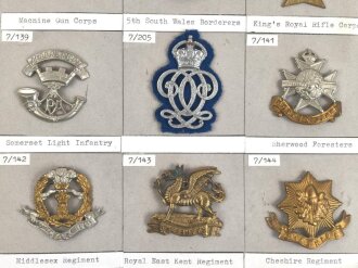 Großbritannien, Sammlung Mützenabzeichen, teils auf Karton geklebt