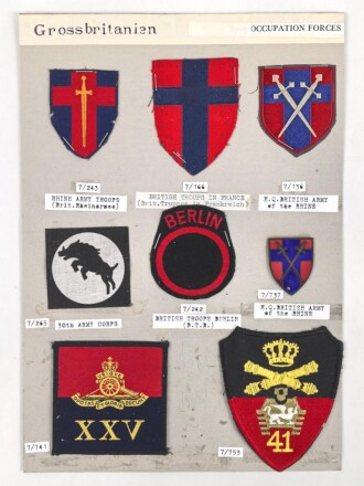 Großbritannien, Sammlung Ärmelabzeichen " Occupation Forces ", auf Karton getackert