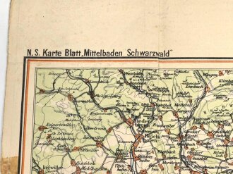 N.S Karte Blatt "Mittelbaden Schwarzwald" herausgegeben von der Tageszeitung "Der Führer", stark gebraucht, Maße: 63 x 94 cm
