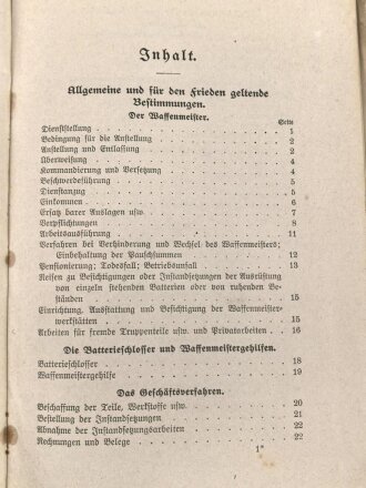 D.V.E. Nr. 277. "Dienstvorschrift für die Waffenmeister der Feldartillerie" datiert 1908, 165 Seiten