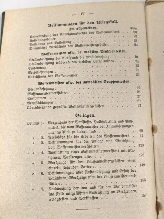 D.V.E. Nr. 277. "Dienstvorschrift für die Waffenmeister der Feldartillerie" datiert 1908, 165 Seiten