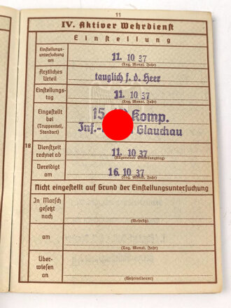 Wehrpaß Heer, eingestellt am 11.10.37 bei 15. ( E) Komp. Inf. Rgt.31 Glauchau