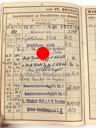 Wehrpaß Heer, eingestellt am 11.10.37 bei 15. ( E) Komp. Inf. Rgt.31 Glauchau