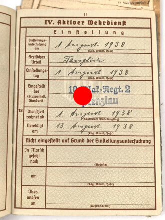 Wehrpaß Heer, eingestellt am 1.8.1938 bei 10./ Flak Regiment 2 Prenzlau