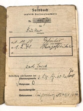 Soldbuch Heer, ausgestellt 11.3.39 bei Nachrichten Abteilung 60