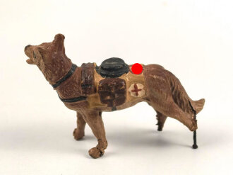 Massefigur 7cm Serie, einen Sanitätshund darstellend. Original bemalt