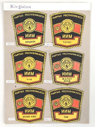 Kirgisien, Sammlung 6 Abzeichen der Polizei, auf Karton...