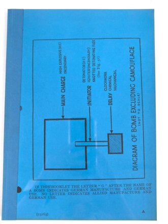Gebundene Fotokopie getarnte Ladungen und Zeitzünder "Diagram of Bomb Excluding Camouflage" DIN A4, englisch. Kleinstauflage von Peter Keller aus den 1990iger Jahren