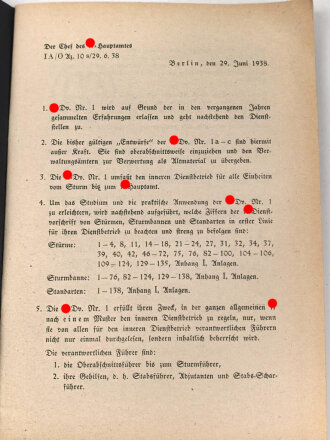 SS-Dv. Nr.1 "Vorschrift für den gesamten inneren Dienst der Allgemeinen SS auf Dienststellen und Schreibstuben", datiert 1938, 71 Seiten, DIN A5