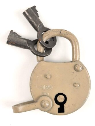 Wehrmacht Vorhängeschloss "Bora 1944", Originallack, Neuwertig mit zwei Schlüsseln, so auch an den Motorradpacktaschen verwandt