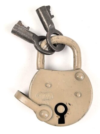 Wehrmacht Vorhängeschloss "Bora 1944", Originallack, Neuwertig mit zwei Schlüsseln, so auch an den Motorradpacktaschen verwandt