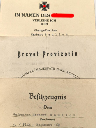 Drei Urkunden eines Angehörigen der Heeresflak