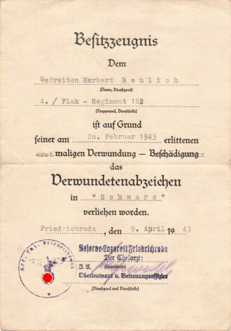 Drei Urkunden eines Angehörigen der Heeresflak