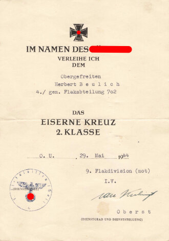 Drei Urkunden eines Angehörigen der Heeresflak