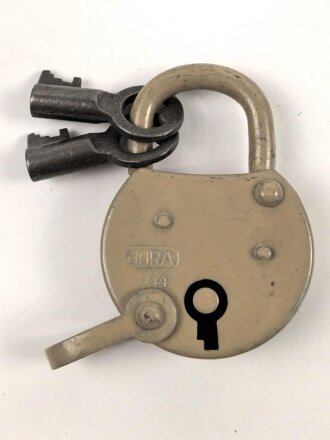 Wehrmacht Vorhängeschloss "Bora 1944", Originallack, Neuwertig mit zwei Schlüsseln, so auch an den Motorradpacktaschen verwandt